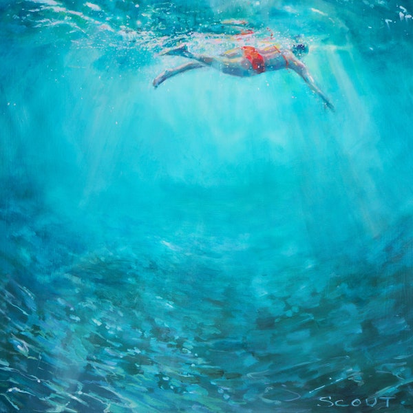 She went Swimming Archival Print of Original Painting Swimmer in cobalt turquoise green sea Waters