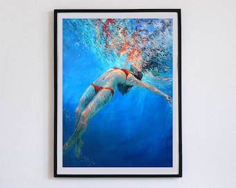 Swimmer Art Print of woman finding bliss in water expressionistic painting of swimmer in beautiful blue water