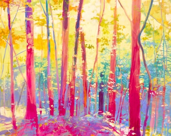 Pintura abstracta y colorida de un bosque con el sol reflejado en las hojas - Arte mural de bosque