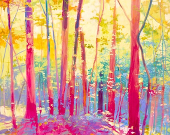 Colorful abstracted forest painting of sun catching the leaves - woodland wall art