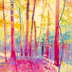 Colorful abstracted forest painting of sun catching the leaves - woodland wall art
