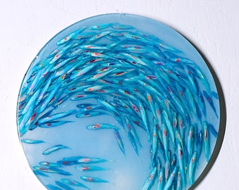 Fish School Swimming - three dimensional painting - Ocean lover - Round Shimmering fish painting - meditative home decor - wall art