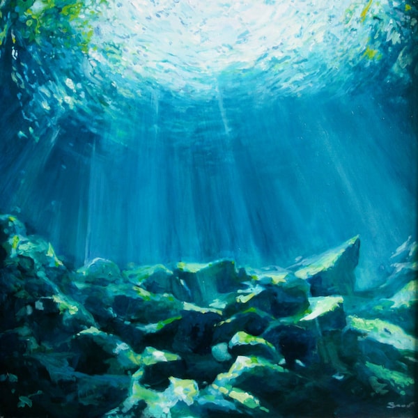 Art Print of underwater cave Large Archival Quality Print of Painting sunlight through an underwater cave