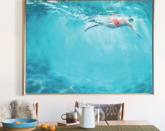 She went Swimming Framed Print - 36 x 48 - large art print with painted details of person swimming