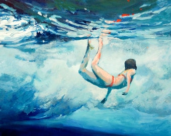 Underwater Woman Art Print, Ocean Wave Giclee Print