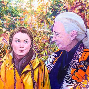 Greta Thunberg and Jane Goodall - passing care for our world to the next generation art print of painting