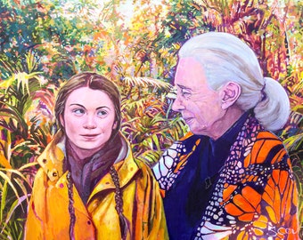 Greta Thunberg and Jane Goodall - passing care for our world to the next generation art print of painting
