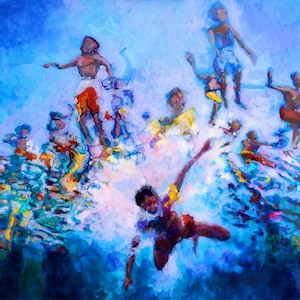 Sprung zuerst - Archival Art Giclée-Druck eines sommerlichen Schwimmers