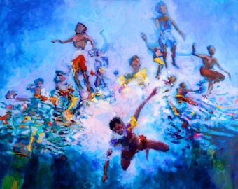Jump First - Archival Art Giclee Print of Summer living Swimmer Painting