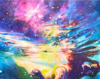 Ocean Swimmer Art Print – Cosmic Connection, Deep Blue Archival Painting
