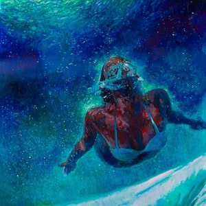 Swimmer Art Print rising up expressionistic painting of swimmer in beautiful blue water
