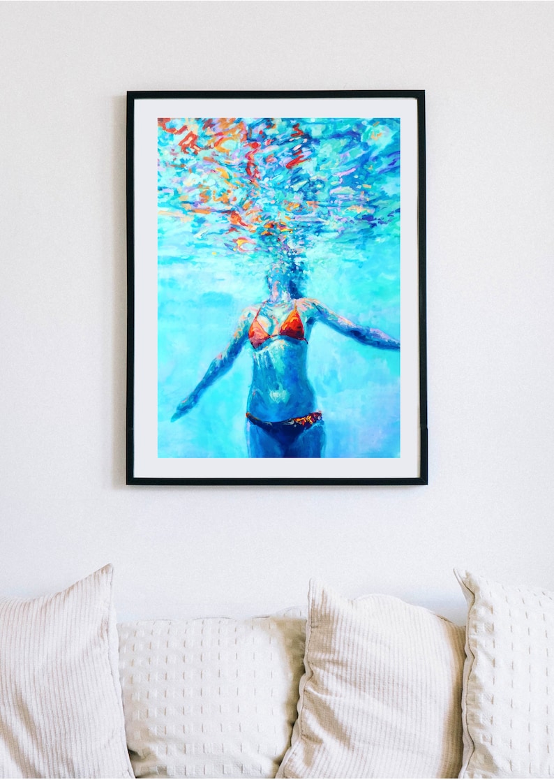 woman encompassed in light fine art print of painting Swimmer Art Print Colorful Wall decor Bliss Art Print