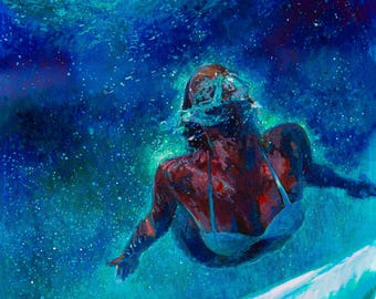Swimmer Art Print, Expressionistic Painting on Hahnemuehle Paper