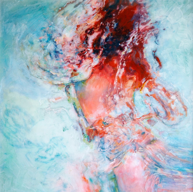 May include: Abstract painting with swirling colors of red, pink, and blue. The painting has a textured, brushstroke effect.