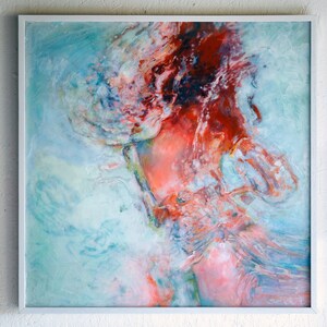 May include: Abstract painting with swirling colors of red, pink, white, and blue. The painting has a textured, layered look, creating a sense of depth and movement.