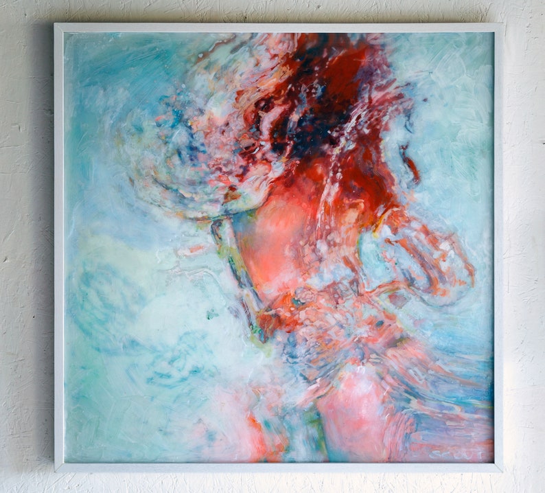 May include: Abstract painting with swirling colors of red, pink, white, and blue. The painting has a textured, layered look, creating a sense of depth and movement.