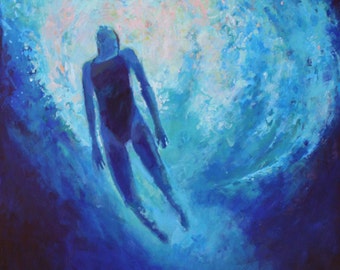 Art Print of acrylic painting of swimmer in deep ocean Large Poster print