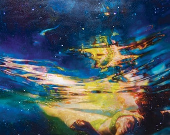 Cosmic Water Connection - Let it Wash over you- Swimmer floating in an abyss of starry blue waters - beach home art