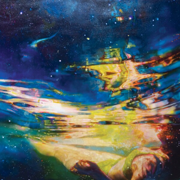 Cosmic Water Connection - Let it Wash over you- Swimmer floating in an abyss of starry blue waters - beach home art