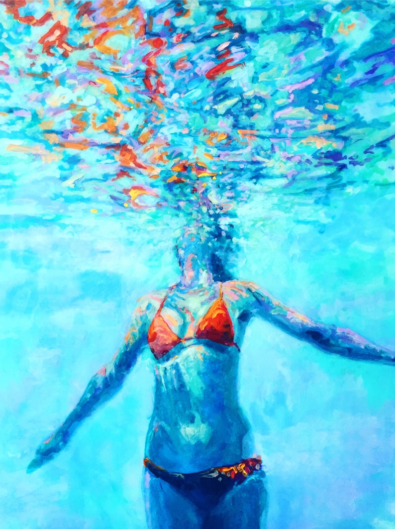 woman encompassed in light fine art print of painting Swimmer Art Print Colorful Wall decor Bliss Art Print