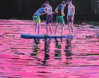 Last Light, Lake Living | Vibrant Pink Swimmer Fine Art Print | Summer Nostalgia Wall Art – Hand-Painted Details