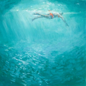 Reserved for Ruth She went Swimming Archival Print of Original Painting Swimmer in cobalt turquoise green sea Waters