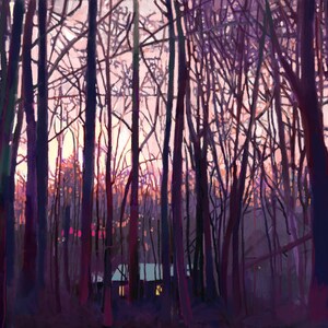 Dusk in the woods with little cabin lights / ART Print of painting