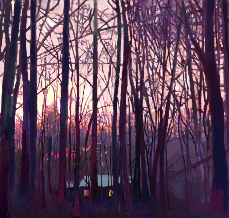 Anochecer en el bosque con pequeñas luces de cabina / ARTE Impresión de pintura imagen 1