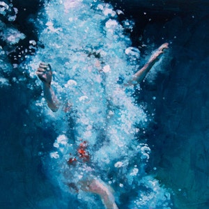 Art Print Deep blue Ocean Swimmer Art - Obliterated archival print of Painting Swimmer diving in deep blue and turquoise waters