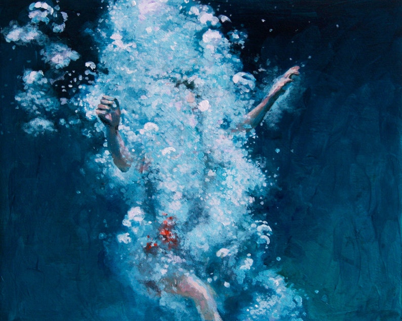 Art Print Deep blue Ocean Swimmer Art Obliterated archival print of Painting Swimmer diving in deep blue and turquoise waters image 1