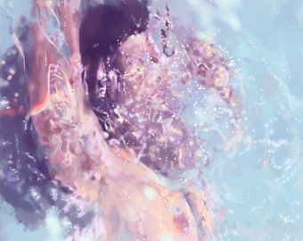 Lámina de arte contemporáneo de una pintura que representa una figura abstracta en aguas cristalinas de color azul pálido, una sirena.