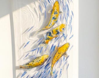 Floating Shoal Fish Painting – Original Framed Plexi-Glass Wall Art (20" x 36")
