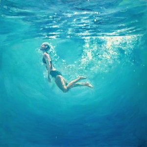 Ocean swimmer - Art Print of painting titled - silent swimmer of ocean deep - meditative art