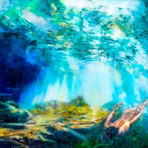 Art Print of swimmer of underwater cave cenote painting Large Archival Quality Print of figurative swimmer painting in water