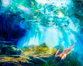 Art Print of swimmer of underwater cave cenote painting Large Archival Quality Print of figurative swimmer painting in water