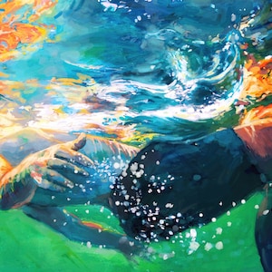Hand-Painted Underwater Scene – Ocean Artwork for Home Decor -Boy of Light - Large colorful Wall art by Scout Cuomo