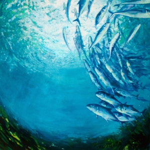 Ocean Art Print of painting Archival Quality Print sunlight beneath the water and school of fish