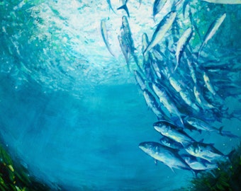 Underwater Fish Art Print, Sunlight Ocean Painting, Archival Quality