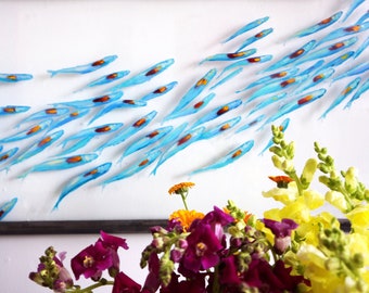 Sold— Art Original Painting Shimmering shoal painted on plexi- glass  with brushed steel frame and ready to hang 15" x 48"