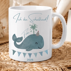 Tasse Einschulung mit Namen, personalisiert, kleiner Wal, Schulkind, Erster Schultag, Geschenk zur Einschulung, Geschenkidee