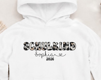 Pullover zur Einschulung personalisiert, Hoodie, Animal Print, Leo Sweatshirt Leopard, Schulkind, Erster Schultag, Geschenk, Schulanfang