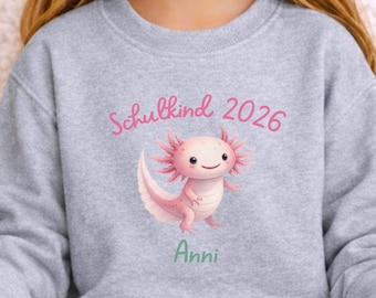 Einschulung Pullover personalisiert, Axolotl Name, Sweatshirt, Pullover, Schulkind, Erster Schultag, Geschenkidee Mädchen, Zuckertüte