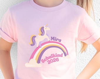 Personalisiertes Einschulung T-Shirt , Einhorn, Regenbogen, Schulkind, Erster Schultag, Schulanfang, Schulstart, Einschulung Geschenk, Name