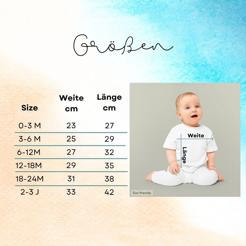 May include: A baby wearing a white t-shirt and pants, with a size chart showing measurements in centimeters. The chart includes sizes from 0-3 months to 2-3 years, with corresponding width and length measurements. The word "Gr&ouml;&szlig;en" is at the top.