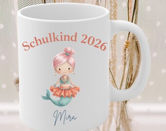 Tasse zur Einschulung mit Namen, personalisiert, Meerjungfrau, Schulkind, Erster Schultag, Geschenk Einschulung, Geschenkidee Meerjungfrauen