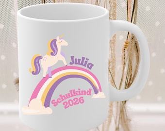 Tasse zur Einschulung mit Namen, personalisiert, Einhorn, Regenbogen, Schulkind, Erster Schultag, Geschenk Einschulung, Geschenkidee