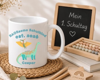 Einschulung Tasse, 2026 + Name, personalisierter Dino, Schultüte Geschenk, Schulkind, Erster Schultag, Schulstart, Zuckertüte, Dinofan, ABC