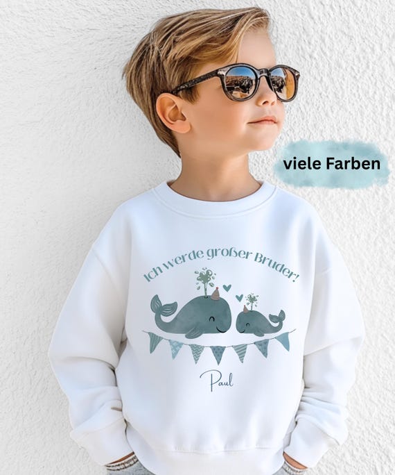 Pullover Großer Bruder Personalisiert, Wal, Geschwister Shirt, Geschenkidee Kind Schwangerschaft, Ich werde großer Bruder, Kleine Schwester