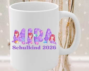 Tasse zur Einschulung mit Namen, personalisiert, Meerjungfrau, Schulkind, Erster Schultag, Geschenk Einschulung, Geschenkidee Meerjungfrauen