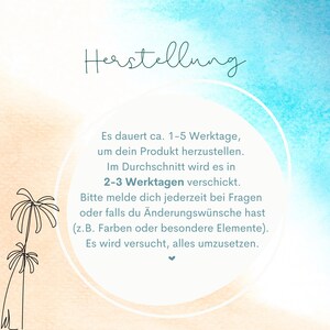 May include: A digital graphic with a watercolor background of blue and tan hues. The text "Herstellung" is at the top. Text within a white circle states the production time is 1-5 business days, and shipping is 2-3 business days.